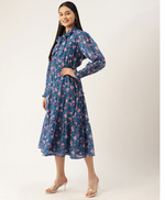 Blue Floral Printed Smocked Detailed Tiered Georgette Fit & Flare Dress in Berlin