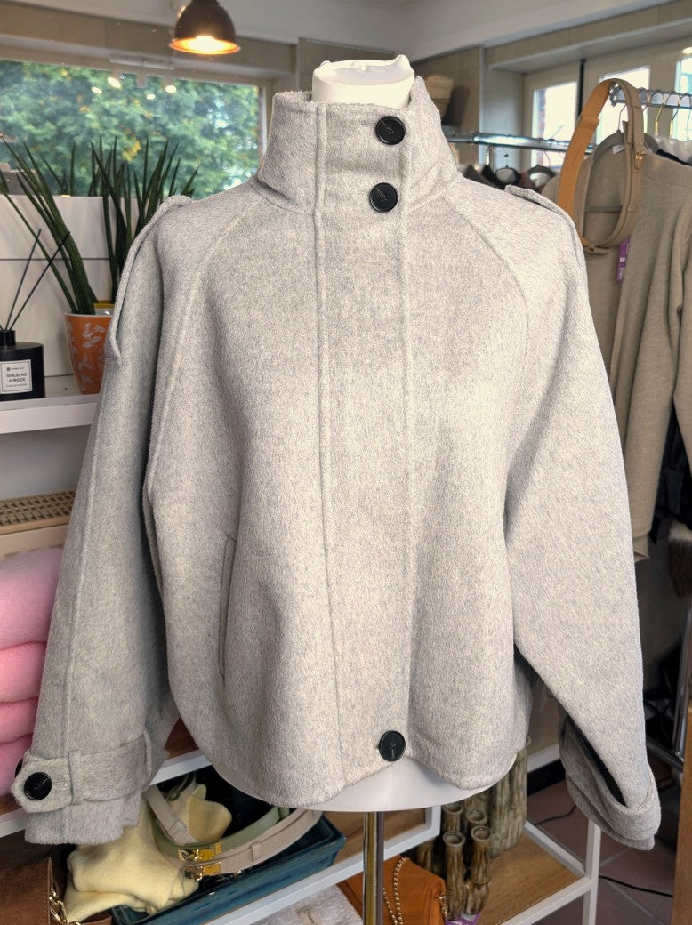 Kaschmir Woll Jacke Handmade Hoher Kragen Reißverschluss Perlmuttknöpfe Silber Grau One Size - La Bella Moda Milano 757