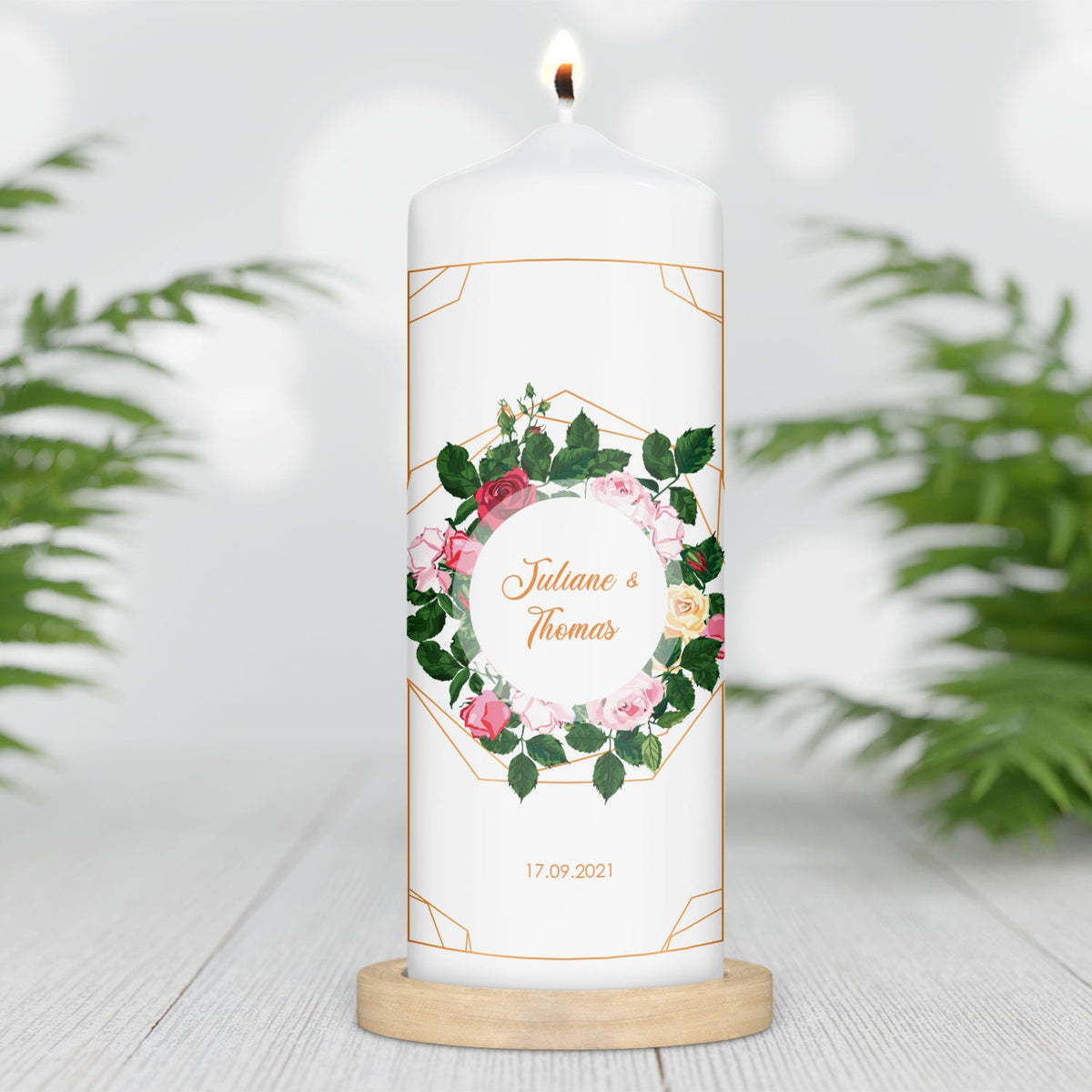 Große Kerze "Rosen" - Hochzeitskerze mit Namen, Datum & Wunschtext