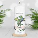 Große Kerze "Drache" mit Namen und Datum zur Einschulung