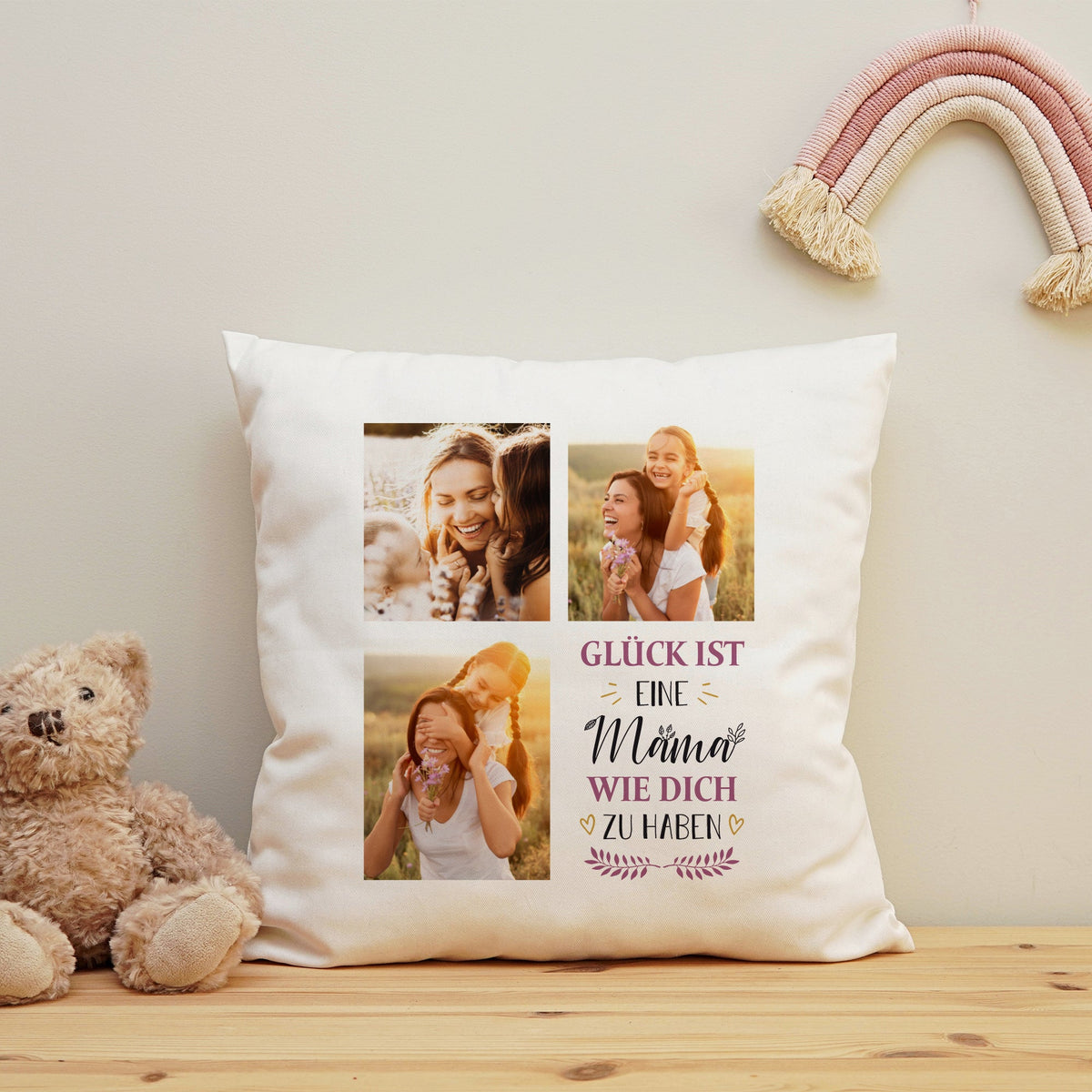 Bedrucktes Kissen mit Spruch Glück ist eine Mama wie dich zu haben & eigenen Fotos
