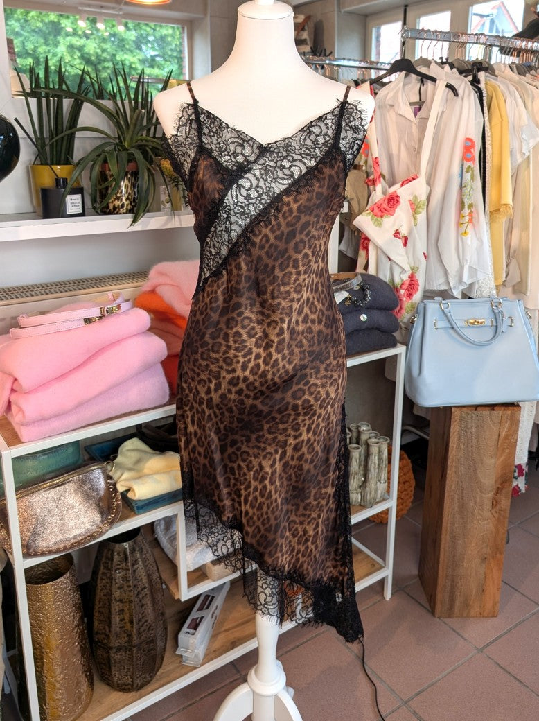Kleid Long Top Midi Viskose Satin mit Spitze Leo Coffee Braun Goldschimmer Schwarz M/L asymmetrisch - von LUMINA LD3657