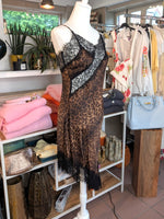 Kleid Long Top Midi Viskose Satin mit Spitze Leo Coffee Braun Goldschimmer Schwarz M/L asymmetrisch - von LUMINA LD3657