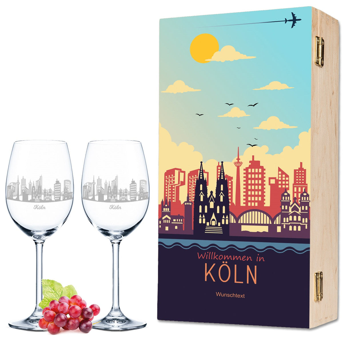 Stölzle Lausitz Weingläser mit Skyline Köln Gravur als Set inkl. bedruckter Holzkiste