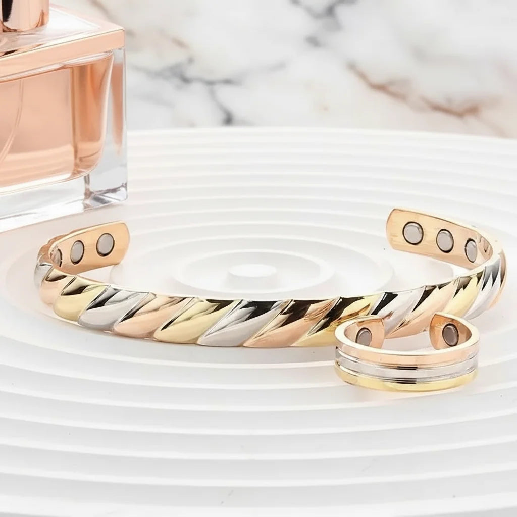 Kupferschmuck Armband & Ring Set mit Magneten dreifarbig