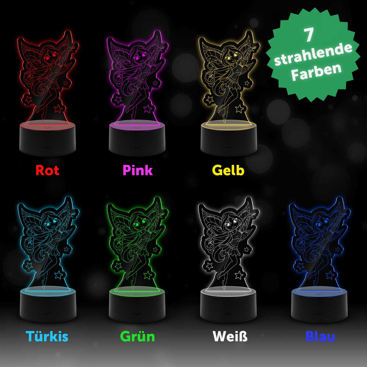 Graviertes Acrylglas im Fee Design mit LED-Sockel