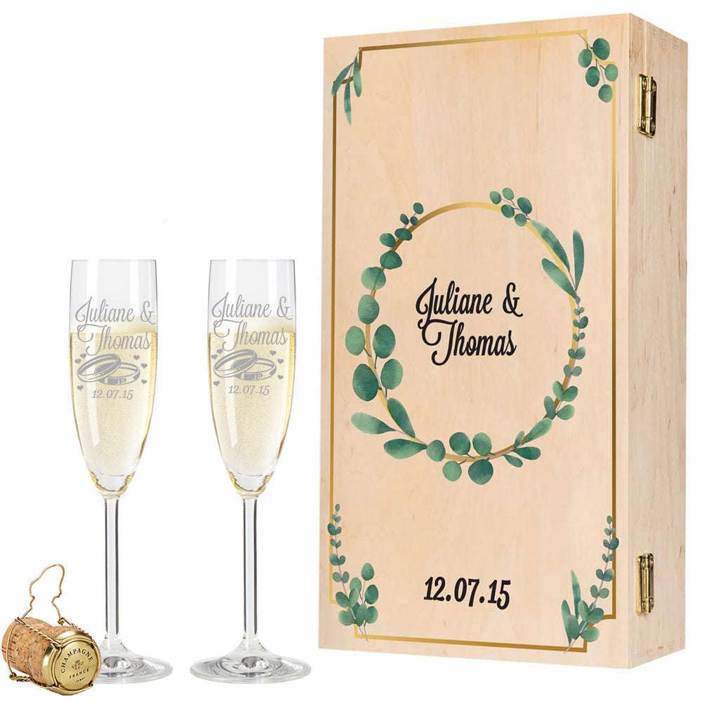 Stölzle Lausitz Sektgläser mit Gravur inkl. bedruckter Holzkiste im Eukalyptus Design im Set Namma Markt