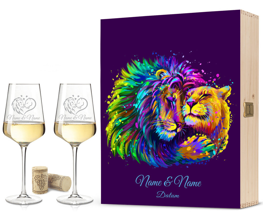 Stölzle Lausitz Weingläser mit Gravur im "Lion Love" Design als Set inkl. bedruckter Holzkiste