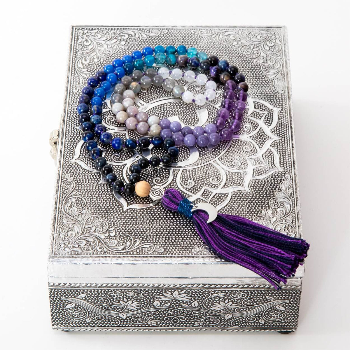 Mala Kette aus Amethyst, Mondstein & Lapis Lazuli: Moon Child