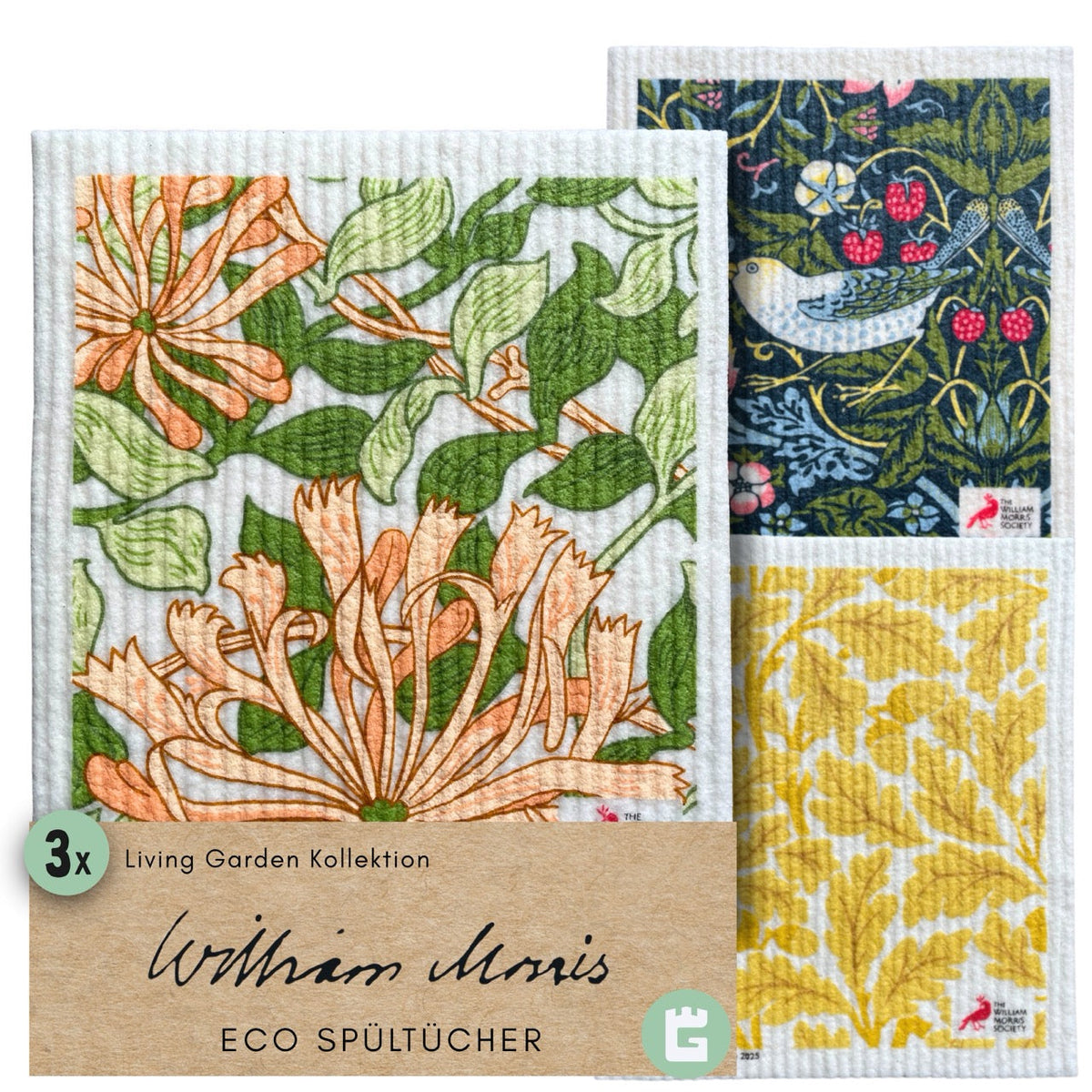 3x Art Spültücher bedruckt Set - William Morris Living Garden
