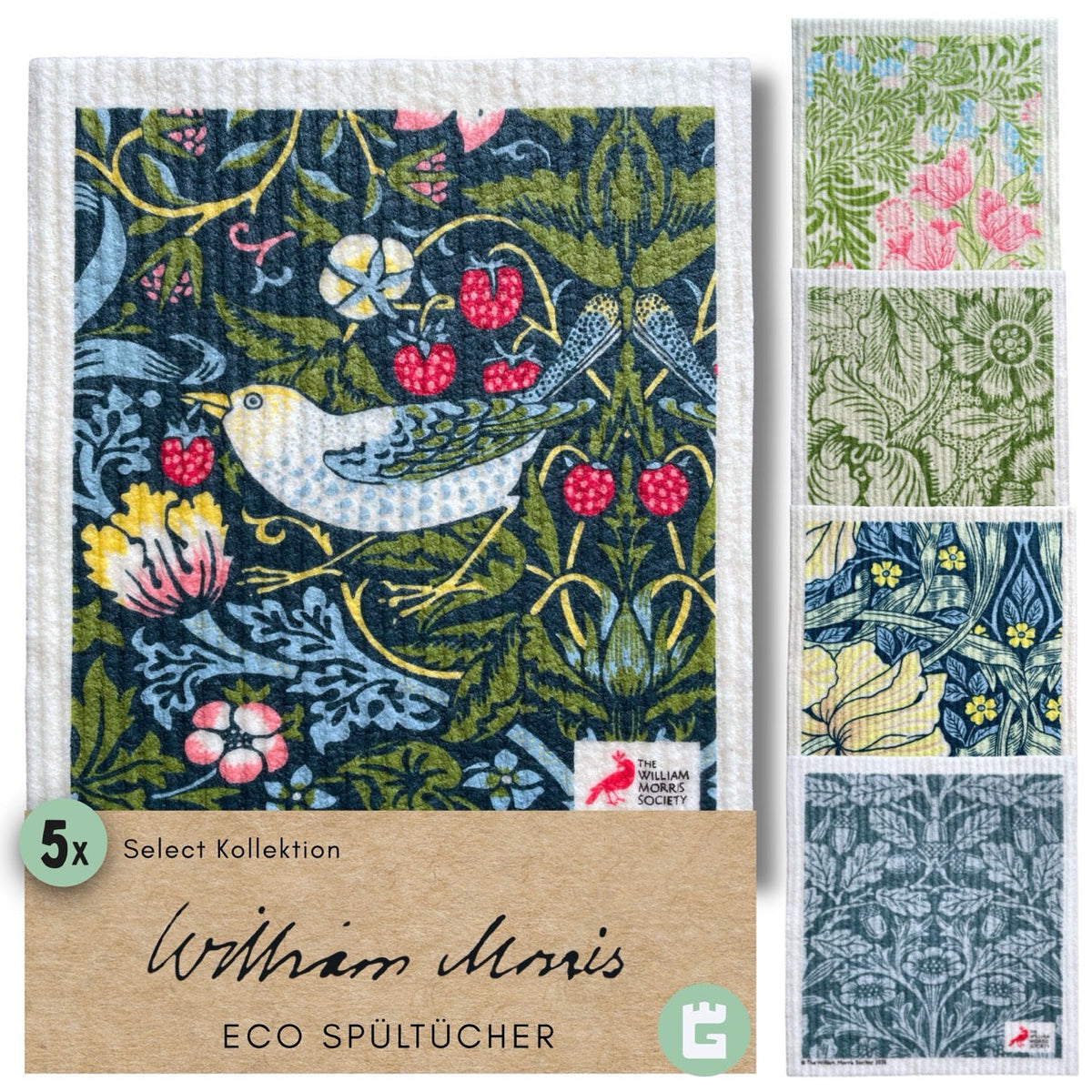 5x Art Spültücher bedruckt Set - William Morris Select Edition