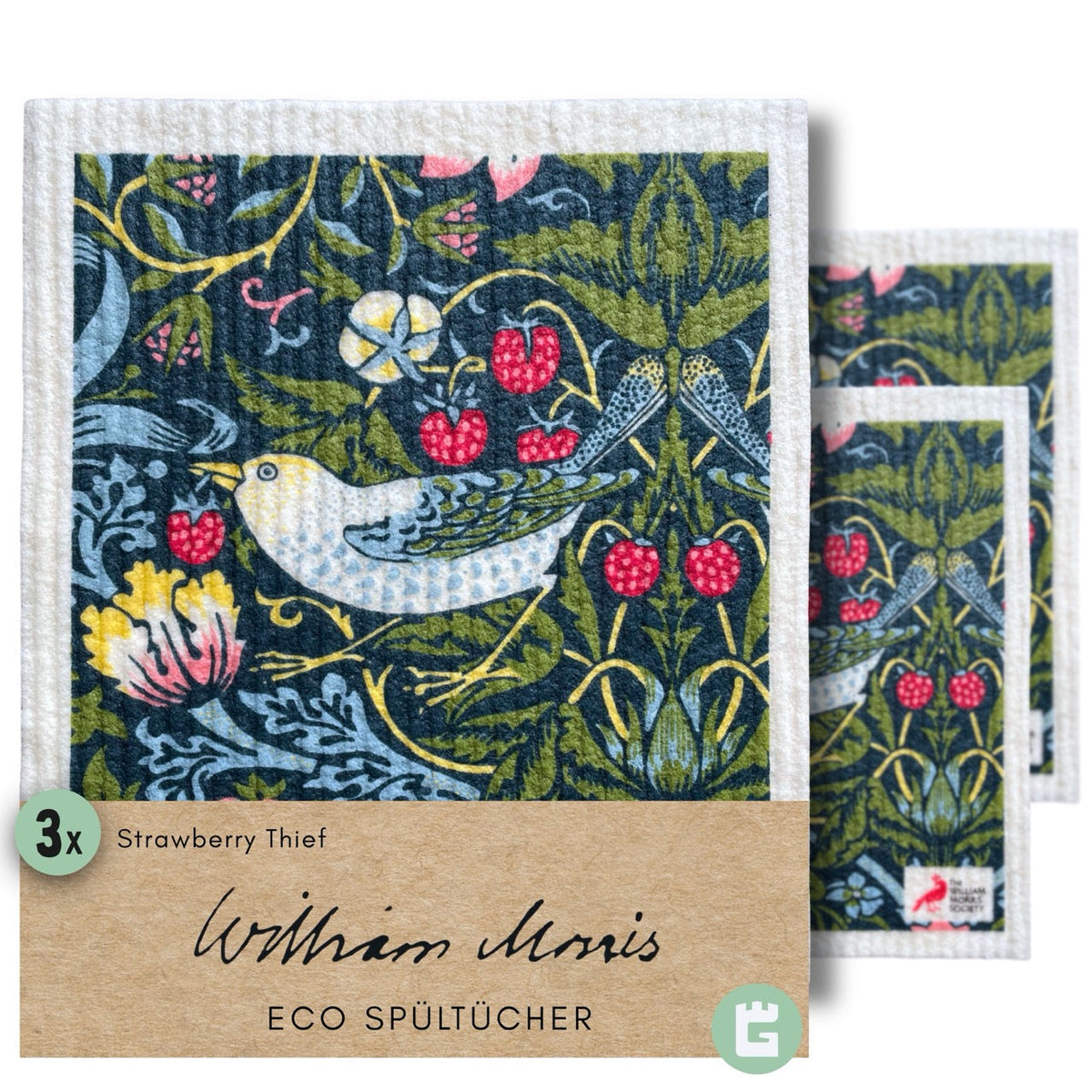 3x Art Spültücher waschbar - Original William Morris Strawberry Thief