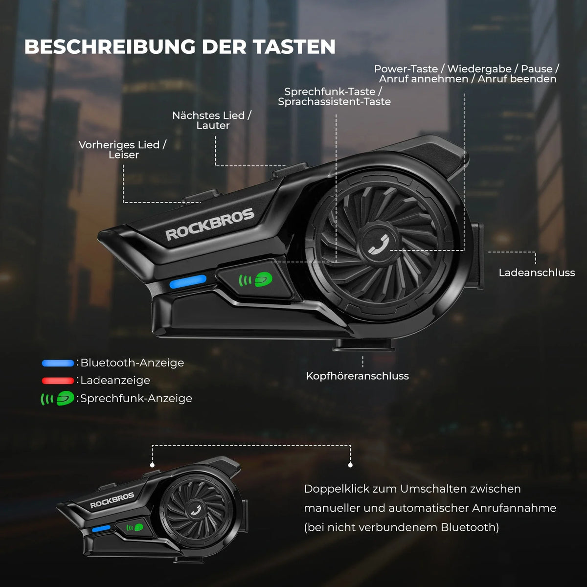 Motorrad Intercom Bluetooth Headsets mit Gegensprechanlagen 300m, IP56 Wasserdicht Staubdicht