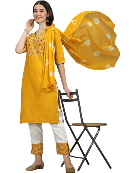 Mustard Yellow Mirror Work Kurta With Trousers(Indian Outfit)