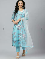 Blue Floral Printed Kurta With Trousers with Dupatta(Indian Outfit)