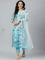 Blue Floral Printed Kurta With Trousers with Dupatta(Indian Outfit)