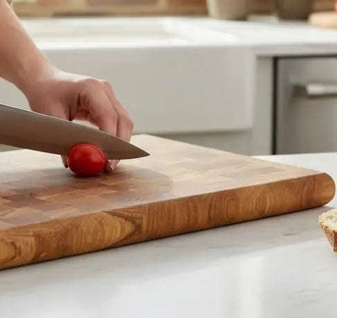 Hirnholz Schneidebrett Eiche 40x30x3cm – Abgerundet mit Holzständer Namma Markt