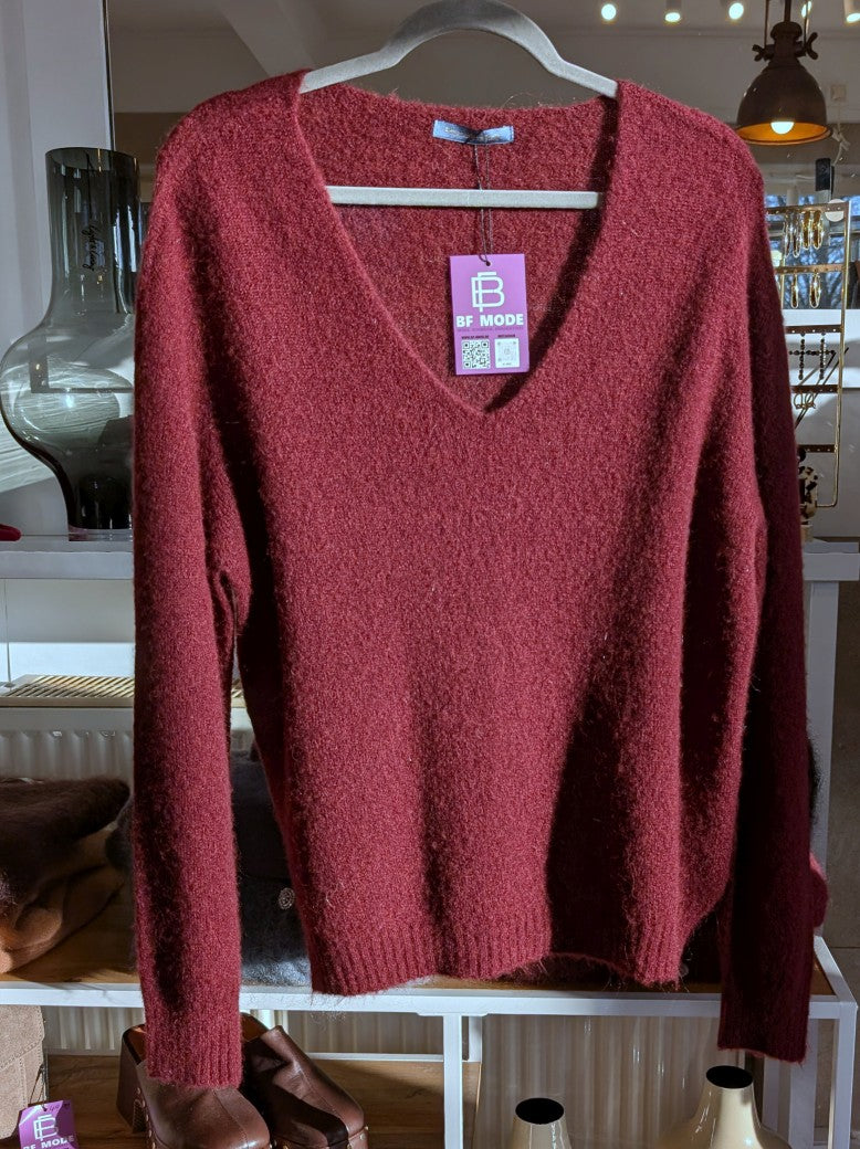 Pullover Alpaka Wolle V-Ausschnitt Bordeaux Rot - One Size