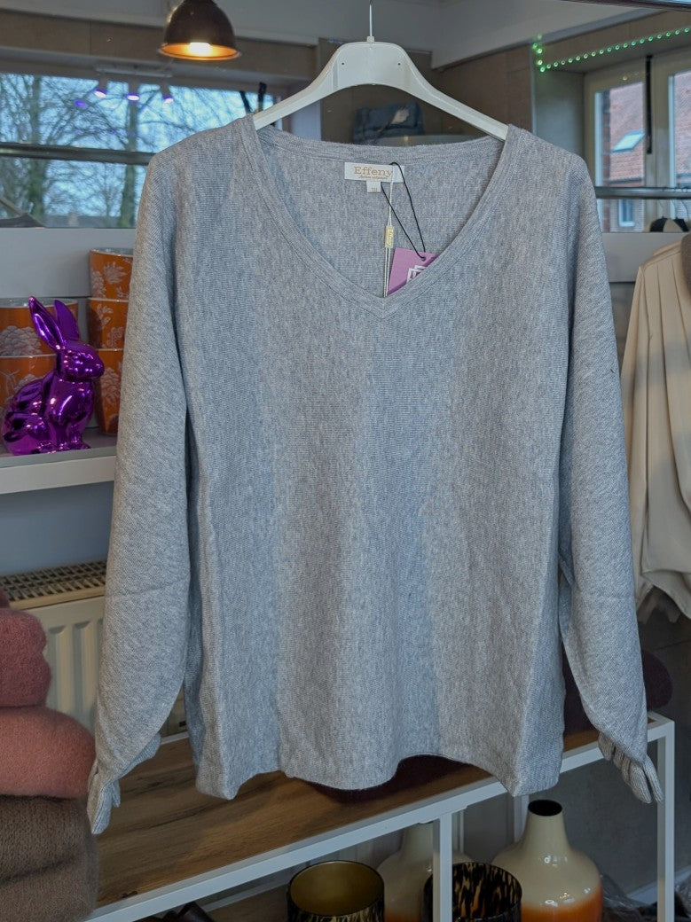 Pullover Feinstrick Viskose V-Ausschnitt Rüschenärmel Hellgrau One Size - von Effeny EF255047JL