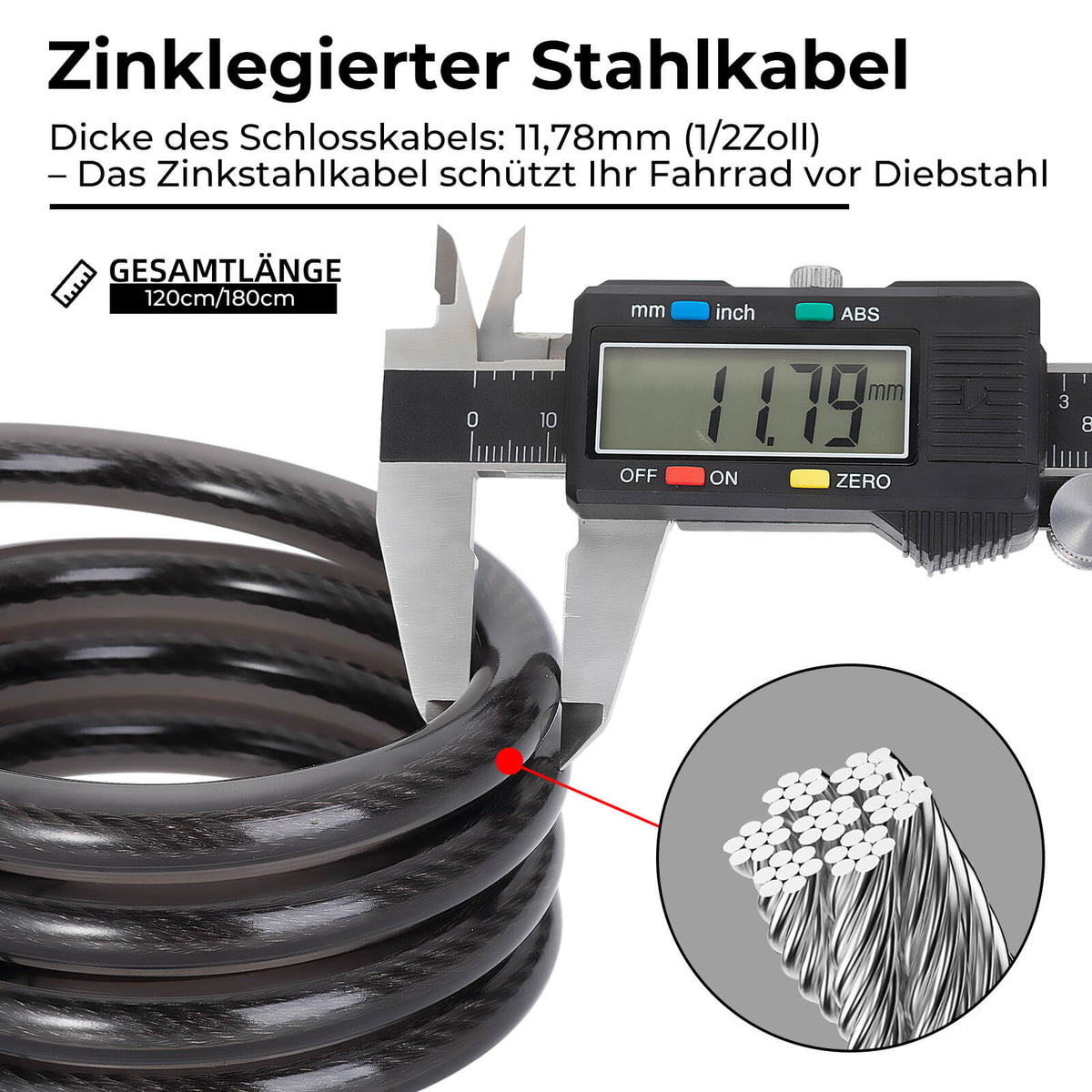 Fahrradschloss Kabelschloss 4-Stellig Zahlencode mit Licht 120cm/180cm