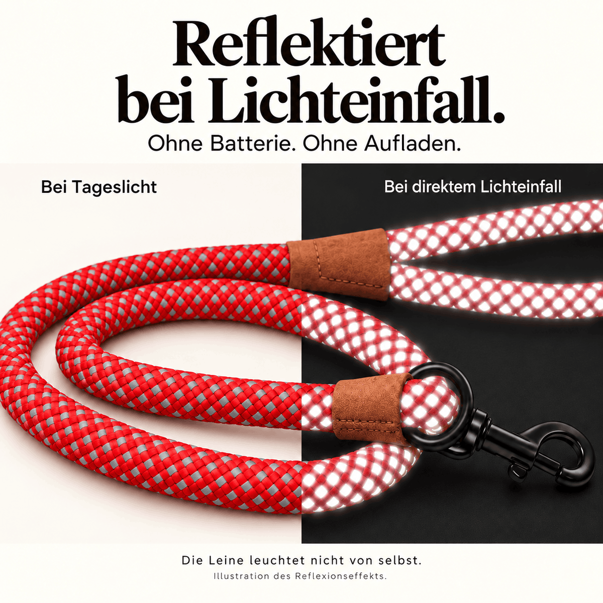 Reflektierende Hundeleine© mit Handschlaufe und veganem Leder in 4 Farben und Varianten Namma Markt