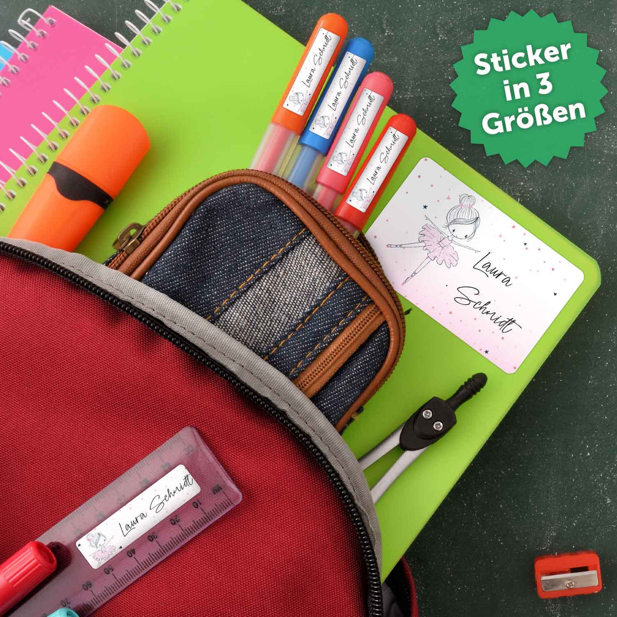 Schuletiketten mit Namen - Ballerina Design - 100 Aufkleber in verschiedenen Größen