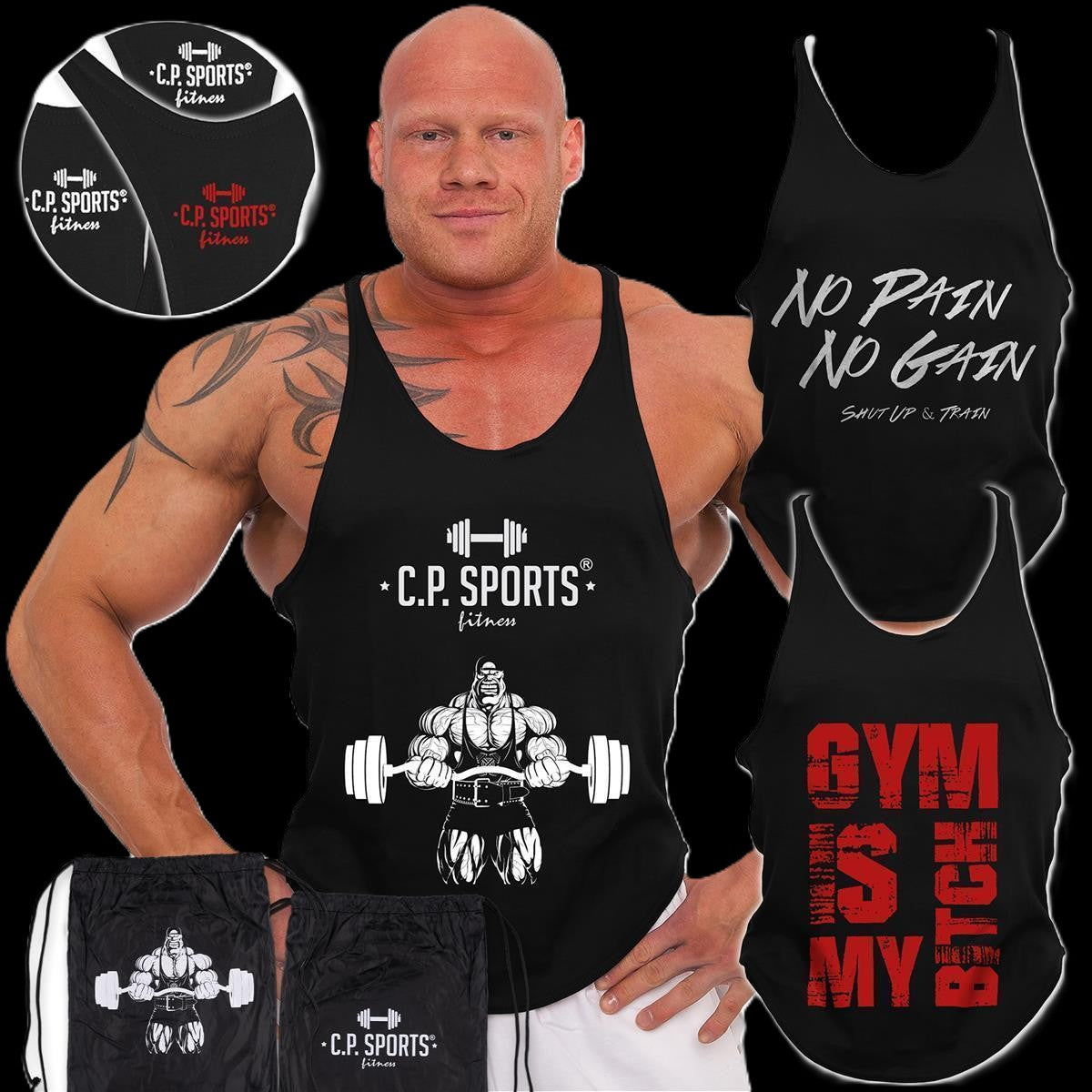 Tank Top - 3xStück / Oder Einzeln +Turnbeutel - Schwarz - C.P. Sports - S710