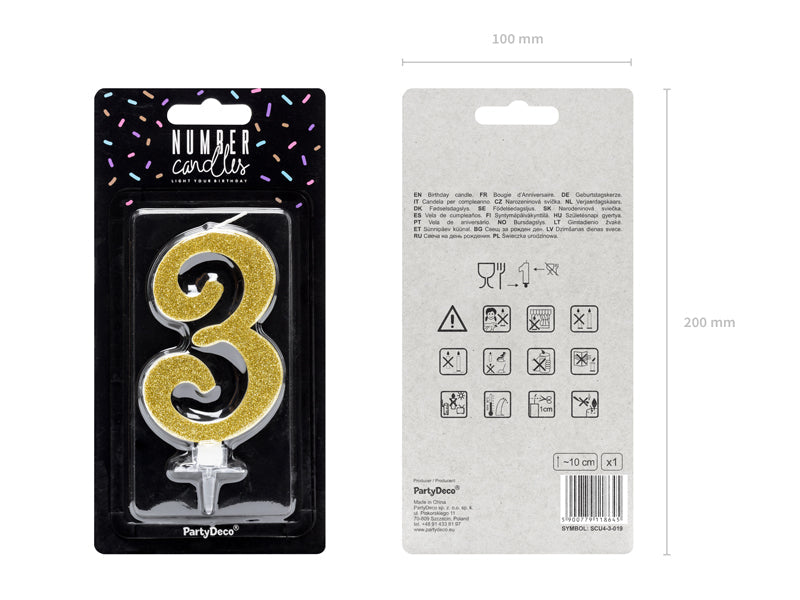Geburtstagskerze Glitter Gold - 10 cm | Ziffer '3''