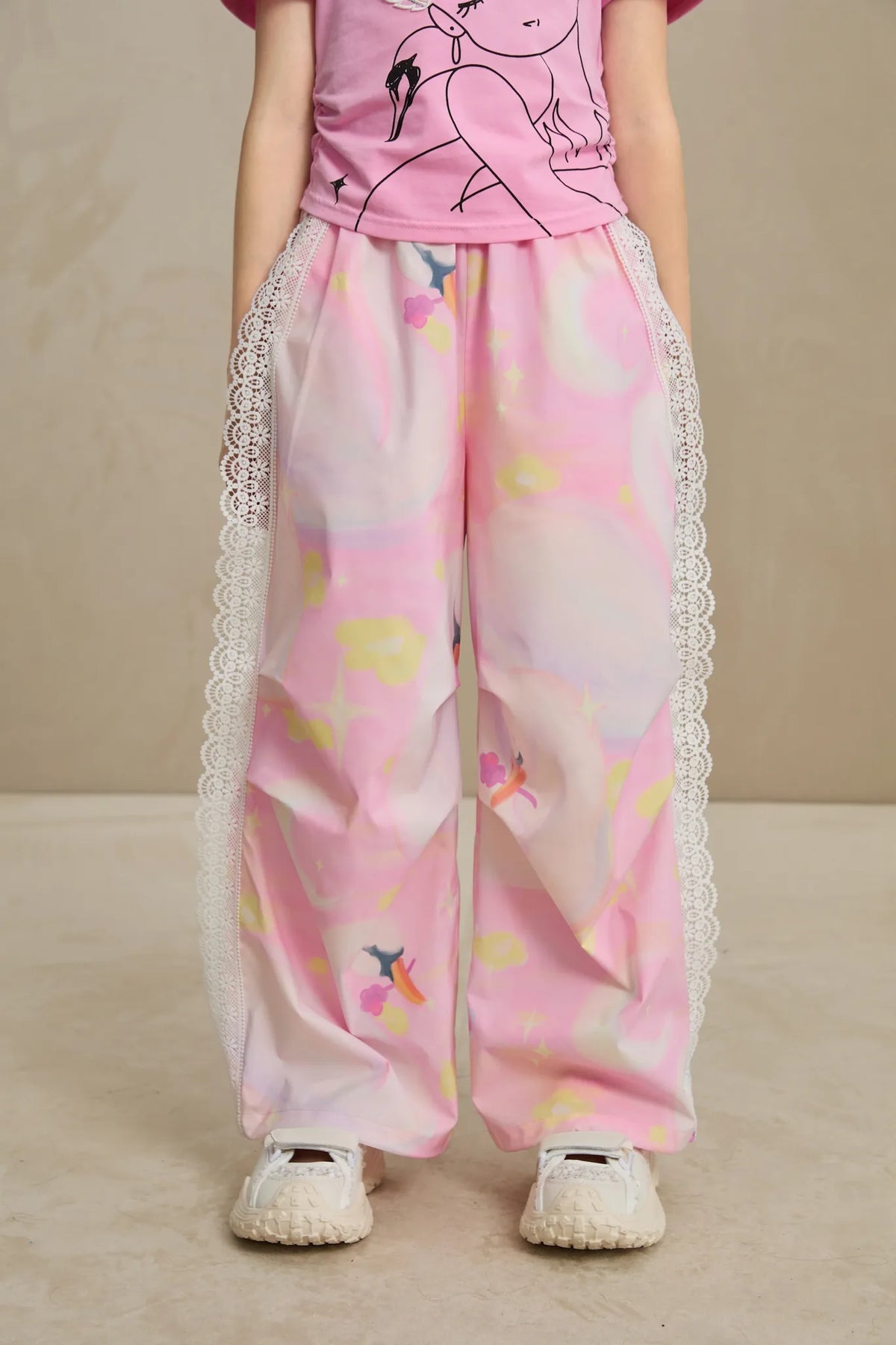 Swan Dream Parachute Pants with Lace Panels