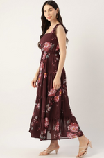 Maroon Floral Georgette A-Line Maxi Dress in Munich