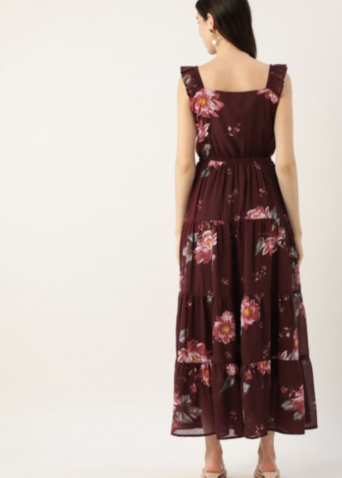 Maroon Floral Georgette A-Line Maxi Dress in Munich