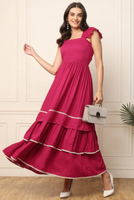 MAGENTA TIERED SMOCKED WOMEN MAXI DRESS IN GERMANY