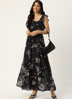 Navy Blue & White Floral Print Tiered Maxi Dress in Germany