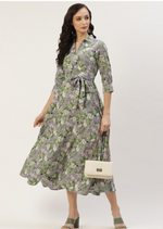 Grey & White Floral Crepe Midi Dress in Berlin
