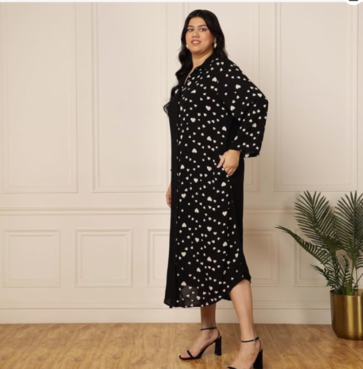 Solid with Heart Print Rayon Plus Size Shirt Dress in Munich