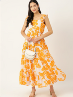 Yellow & White Printed Fit & Flare Dress in Berlin