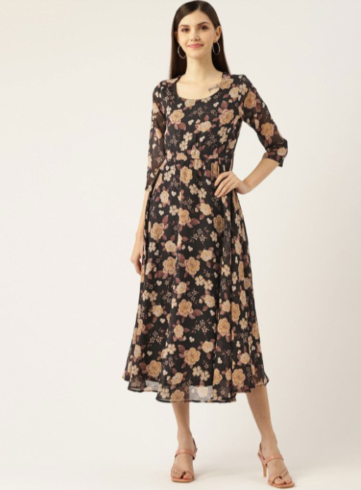 Black Floral Printed Georgette Fit & Flare Midi Dress in Berlin