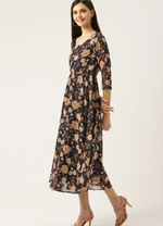 Black Floral Printed Georgette Fit & Flare Midi Dress in Berlin