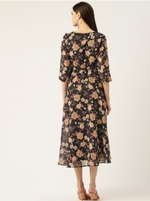 Black Floral Printed Georgette Fit & Flare Midi Dress in Berlin