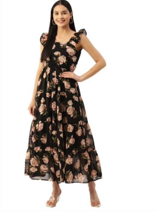 Black Floral Printed Flutter Sleeves Georgette Tiered Gathered Maxi Dress in Munich