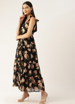 Black Floral Printed Flutter Sleeves Georgette Tiered Gathered Maxi Dress in Munich