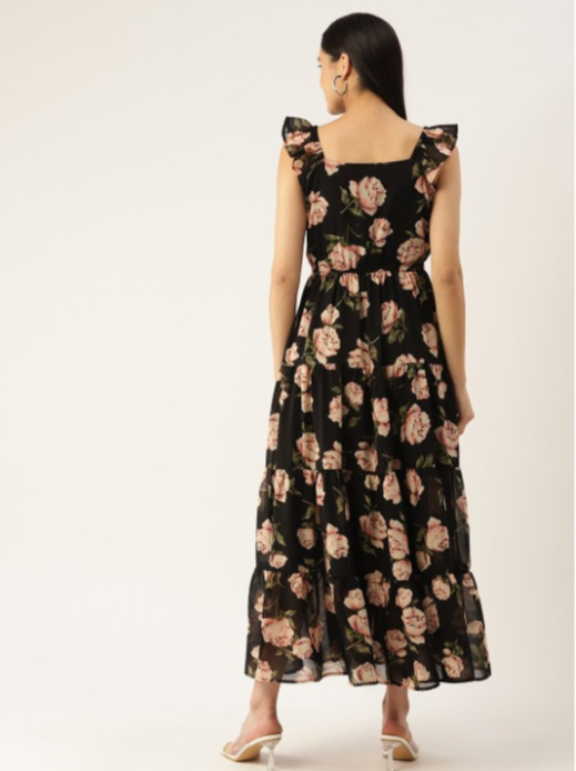 Black Floral Printed Flutter Sleeves Georgette Tiered Gathered Maxi Dress in Munich