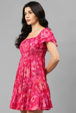 VISCOSE MUSLIN  FOIL PRINTED WOMEN'S TIERED DRESS In Munich