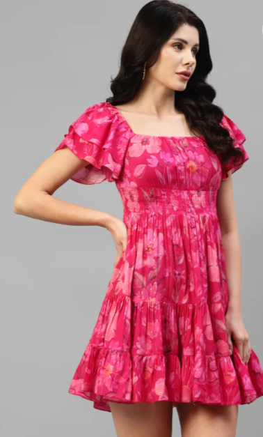 VISCOSE MUSLIN  FOIL PRINTED WOMEN'S TIERED DRESS In Munich