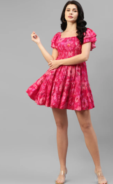 VISCOSE MUSLIN  FOIL PRINTED WOMEN'S TIERED DRESS In Munich