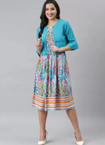 Women Printed Rayon  Round Neck Calf Length Dress in Germany