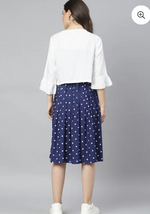 BLUE POLKA DRESS WITH-RUFFLED SHRUG IN MUNICH