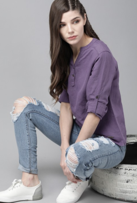 The Lifestyle Co Purple Cotton Linen Solid Mandarin Collar Top in Munich