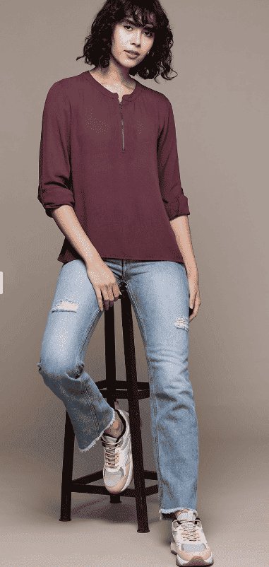 Mandarin Collar Roll-Up Sleeves Top in Berlin