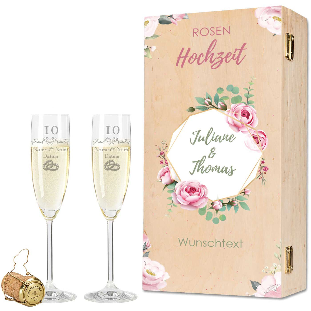 Stölzle Lausitz Sektgläser mit Gravur "Rosenhochzeit - 10 Jahre"